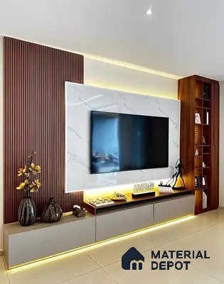 Contemporary Tv Wall With Marble Panel, Fluted Wood Texture, And Led-Lit Display Shelf | Material Depot