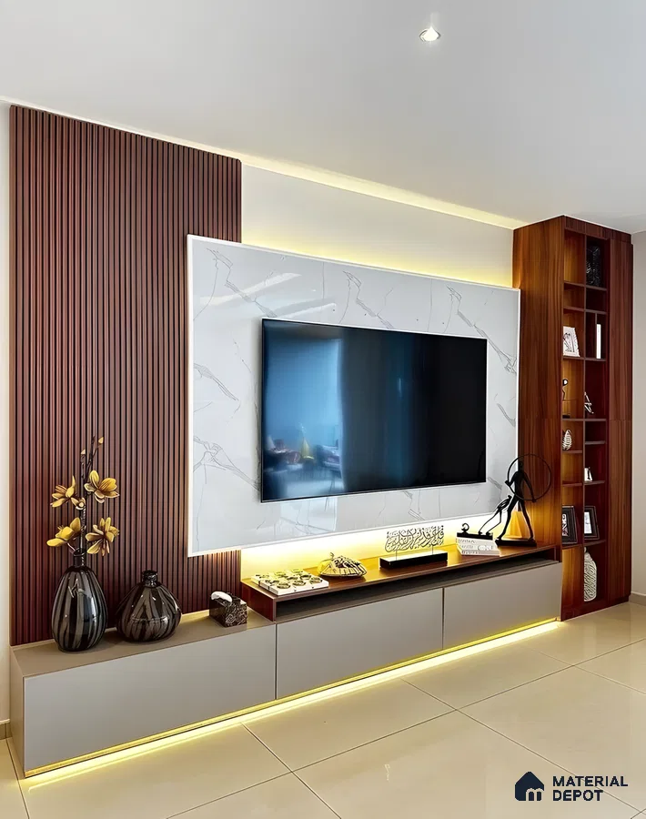 Contemporary Tv Wall With Marble Panel, Fluted Wood Texture, And Led-Lit Display Shelf | Material Depot