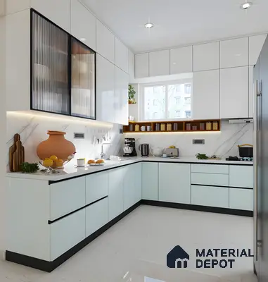 Contemporary U-Shaped Kitchen with Glossy White Cabinets and Fluted Glass Shutters in 2 BHK Sobha Palm Springs, Varthur | Material Depot