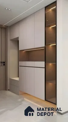 Contemporary Wall-Mounted Entryway Cabinet With Ambient Lighting And Glass Display | Material Depot