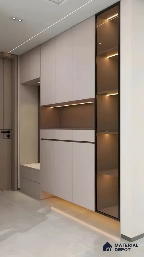Contemporary Wall-Mounted Entryway Cabinet With Ambient Lighting And Glass Display | Material Depot