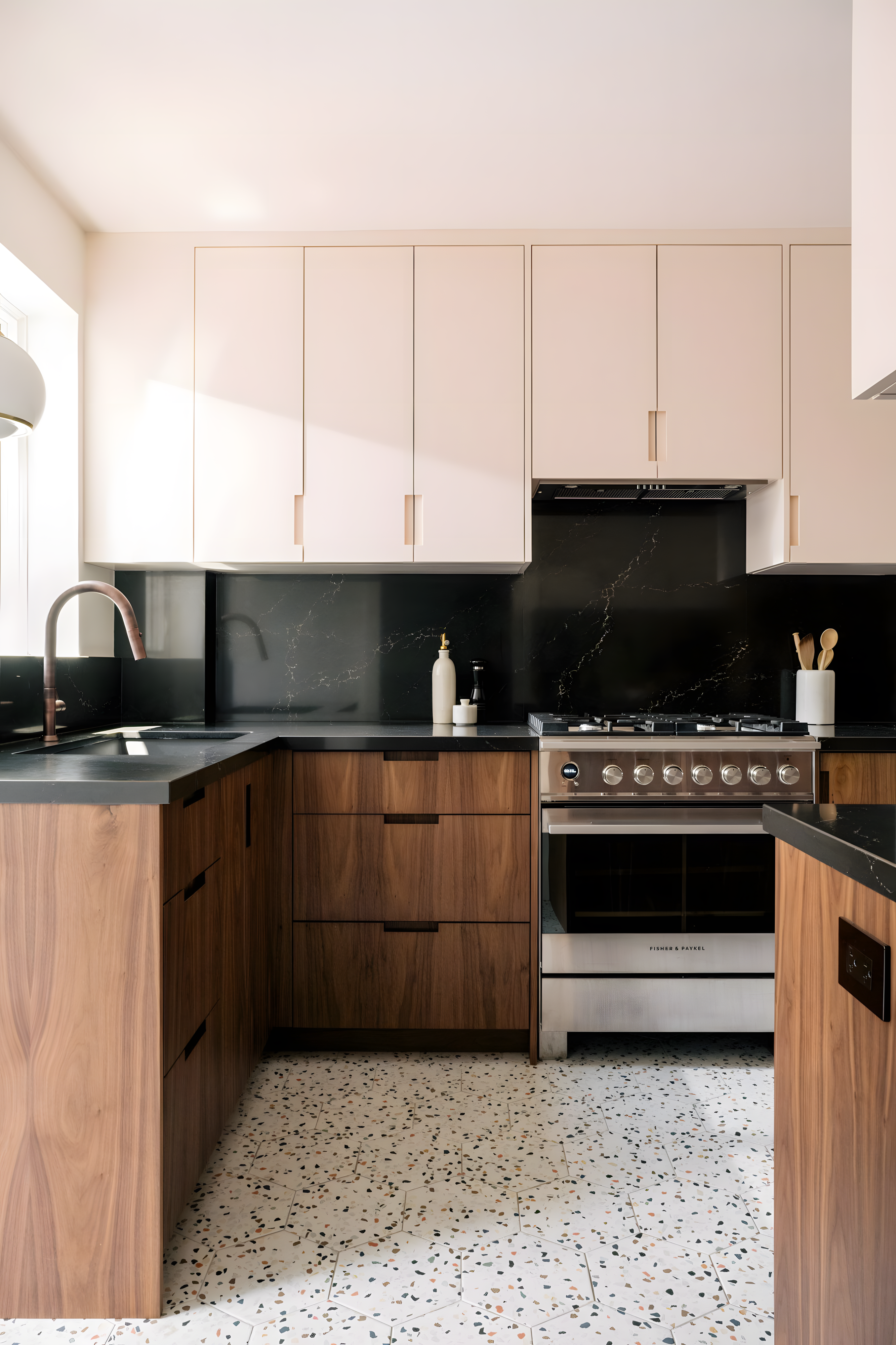 Contemporary Walnut And Cream Kitchen With Terrazzo Flooring And Black Marble Backsplash | Material Depot