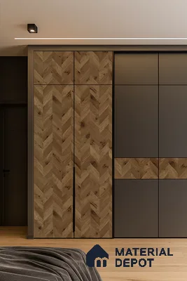 Modern Sliding Wardrobe with Light Chevron Laminate and Organized Storage | Material Depot