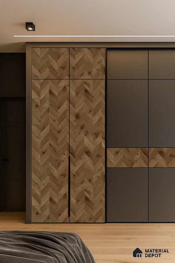 Modern Sliding Wardrobe with Light Chevron Laminate and Organized Storage | Material Depot