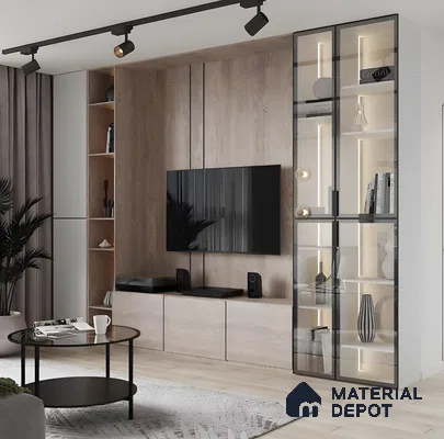 Contemporary Wooden Tv Wall With Glass Display Cabinet And Track Lighting | Material Depot