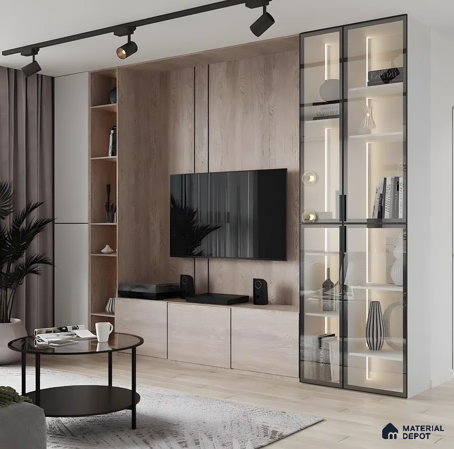 Contemporary Wooden Tv Wall With Glass Display Cabinet And Track Lighting | Material Depot