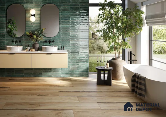 Bathroom with green tile and wooden floor