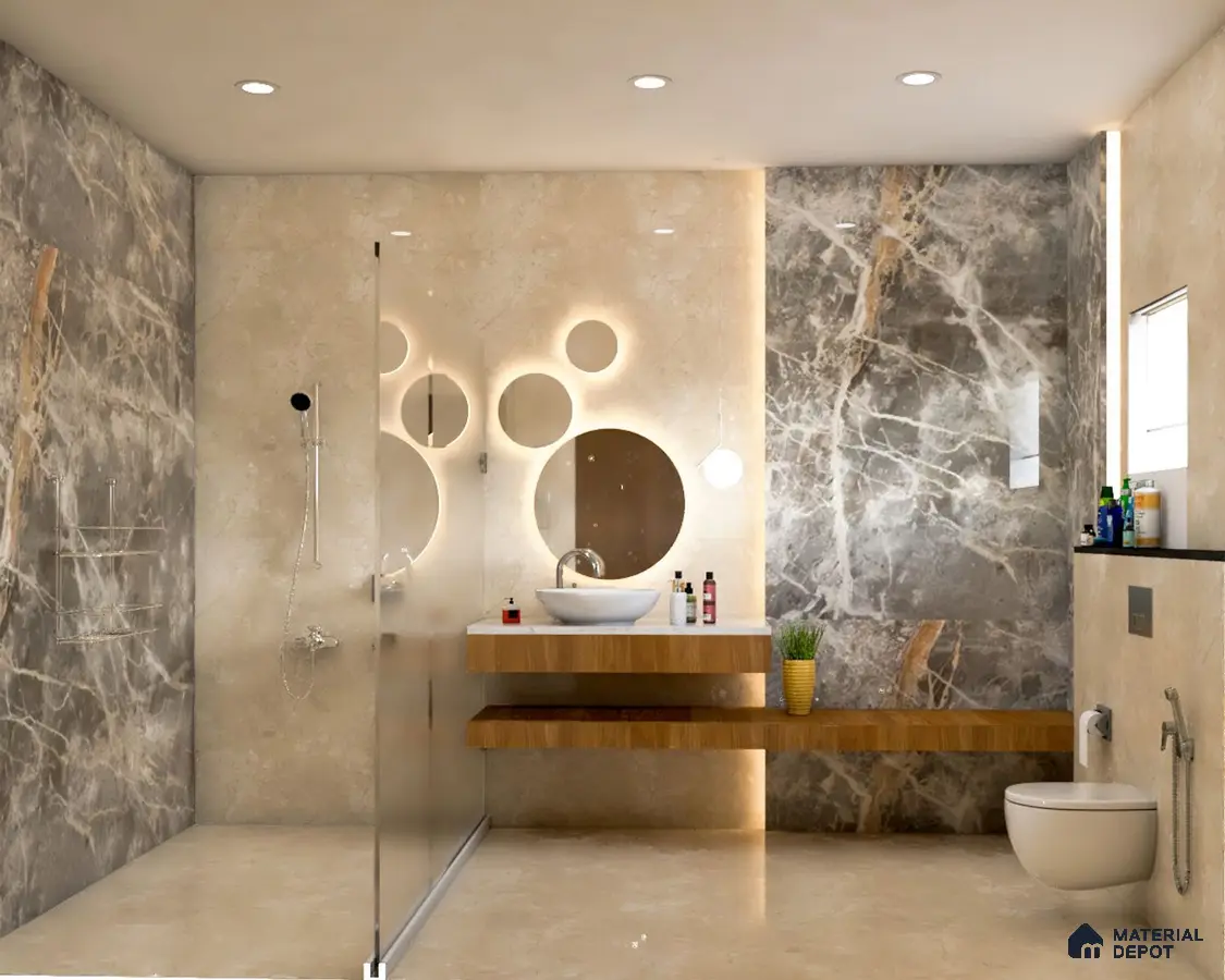Spacious contemporary bathroom with elegant gold accents and glass-look walls.