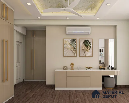 A contemporary kitchen with beige walls, wooden flooring, and golden accents.” (67 characters.