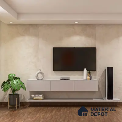 Elegant beige TV unit in high ceiling room