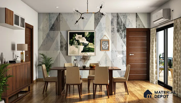 Dining room with wooden laminate flooring and cabinet