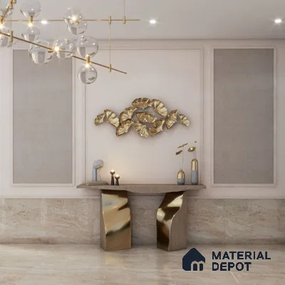 Striking metallic wall art in foyer
