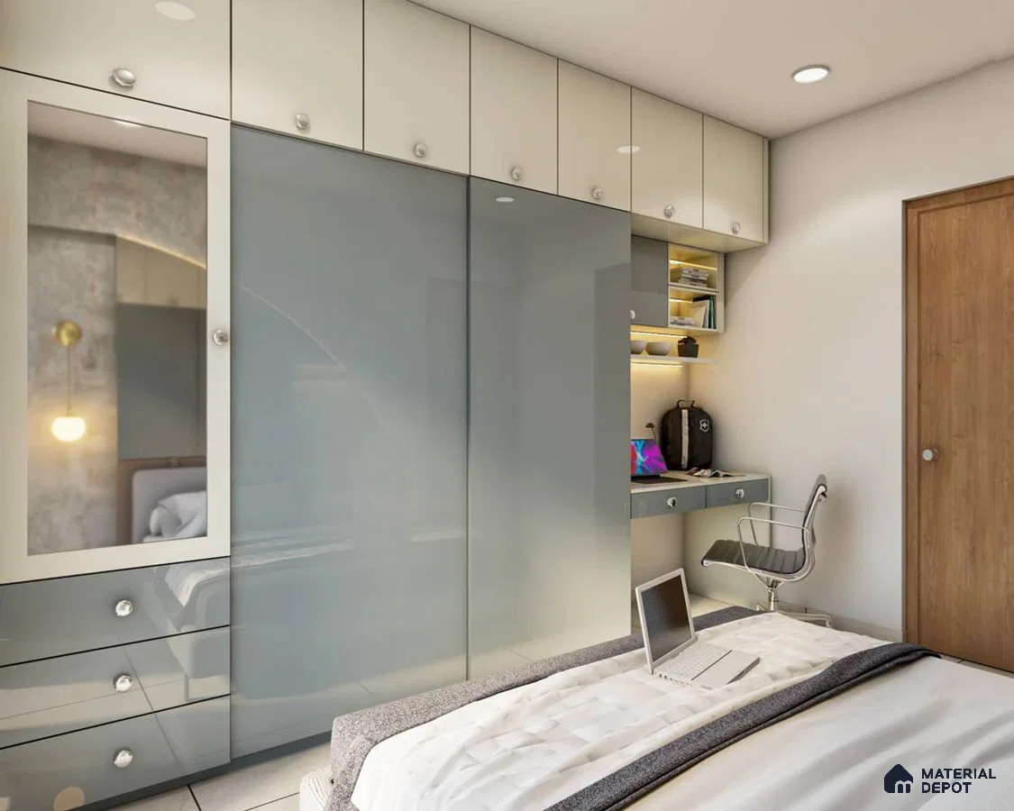 Wardrobe with sliding doors and glossy grey laminates
