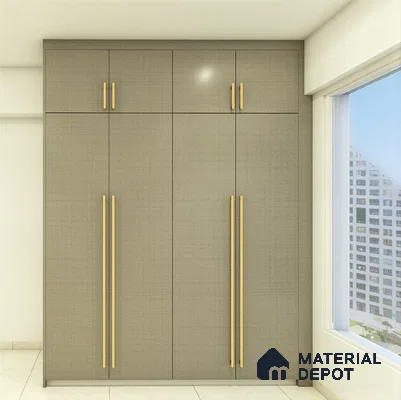 Stylish contemporary grey wardrobe with golden accents and unique window pattern