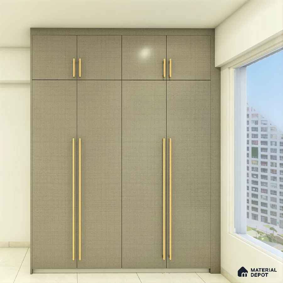 Stylish contemporary grey wardrobe with golden accents and unique window pattern