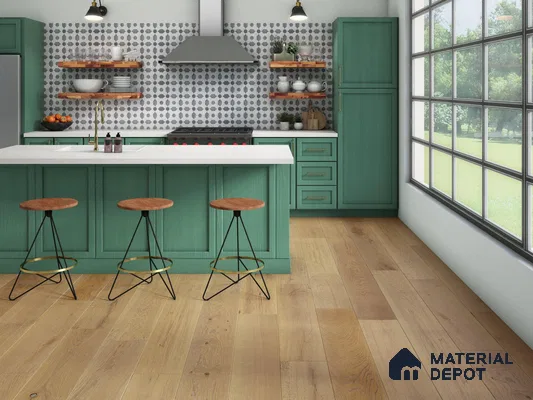 Kitchen with green laminate and wooden flooring