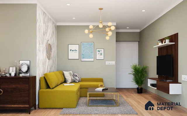 Living room with wooden laminate flooring and marble patterned walls