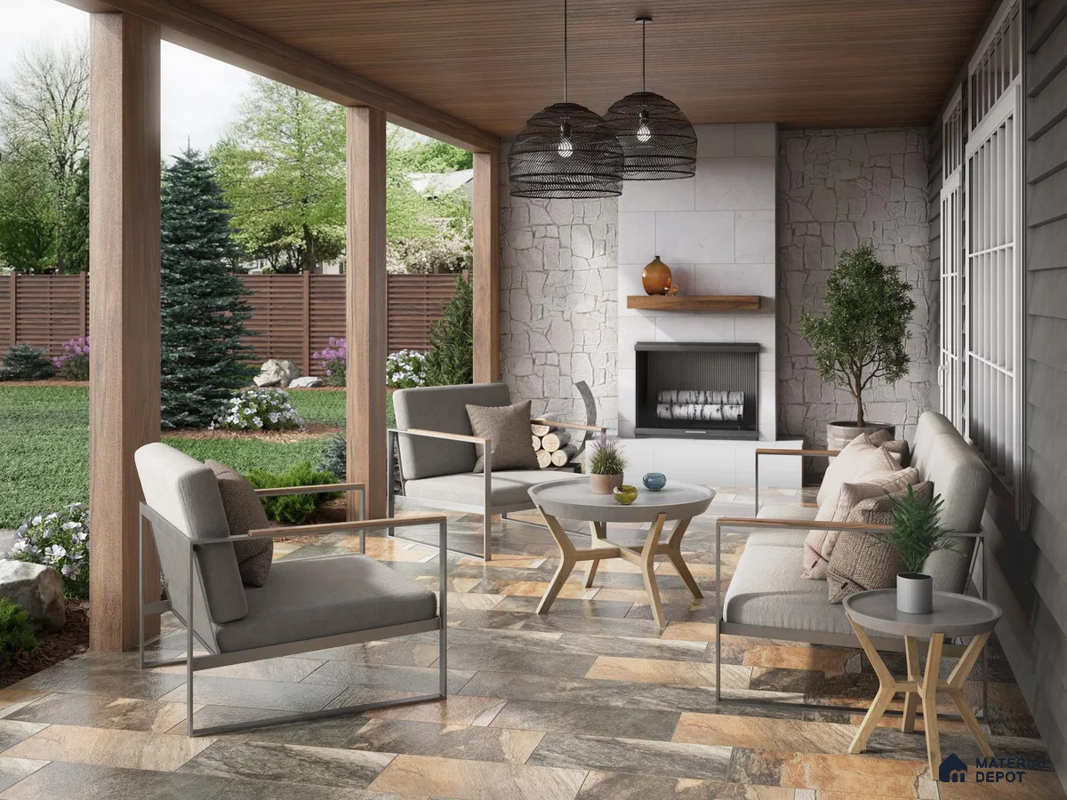 Outdoor space with patterned tiles and hexagonal wall tiles