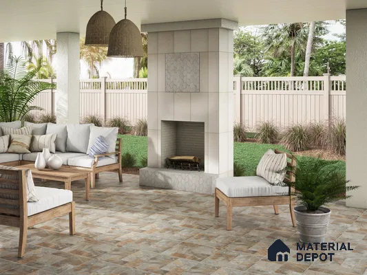 Outdoor place with patterned floor tiles and hexagonal wall tile