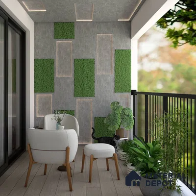 Modern balcony with grey textured and grass wall.