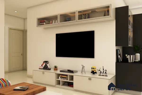 Spacious room with light and dark theme, modern TV unit with white storage, and curated showpiece on panels, exuding contrast elegance.