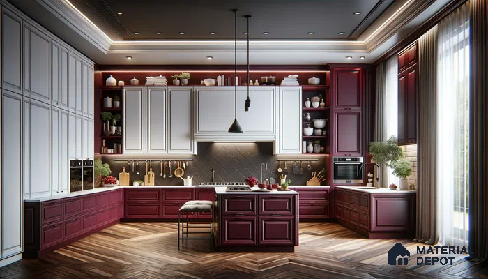 Contrasting Elegance: Maroon Cabinetry Meets Ivory in Luxurious Kitchen | Material Depot