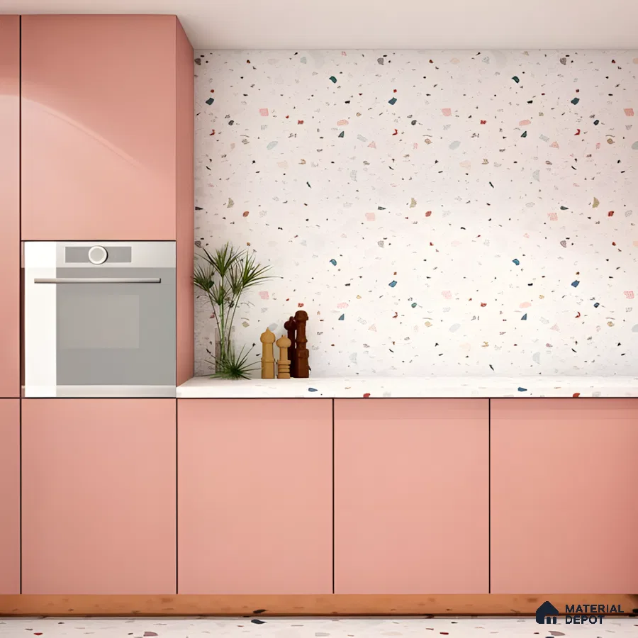 Coral Pink Kitchen With Multicolor Terrazzo Charm And Seamless Cabinets | Material Depot