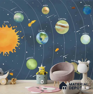 A close-up of a Solar System Space Wallpaper for Children Room Decor Sparkla N Shine Series Space Design (Customised Size Wallpaper) with a finish available at Material Depot in Bangalore