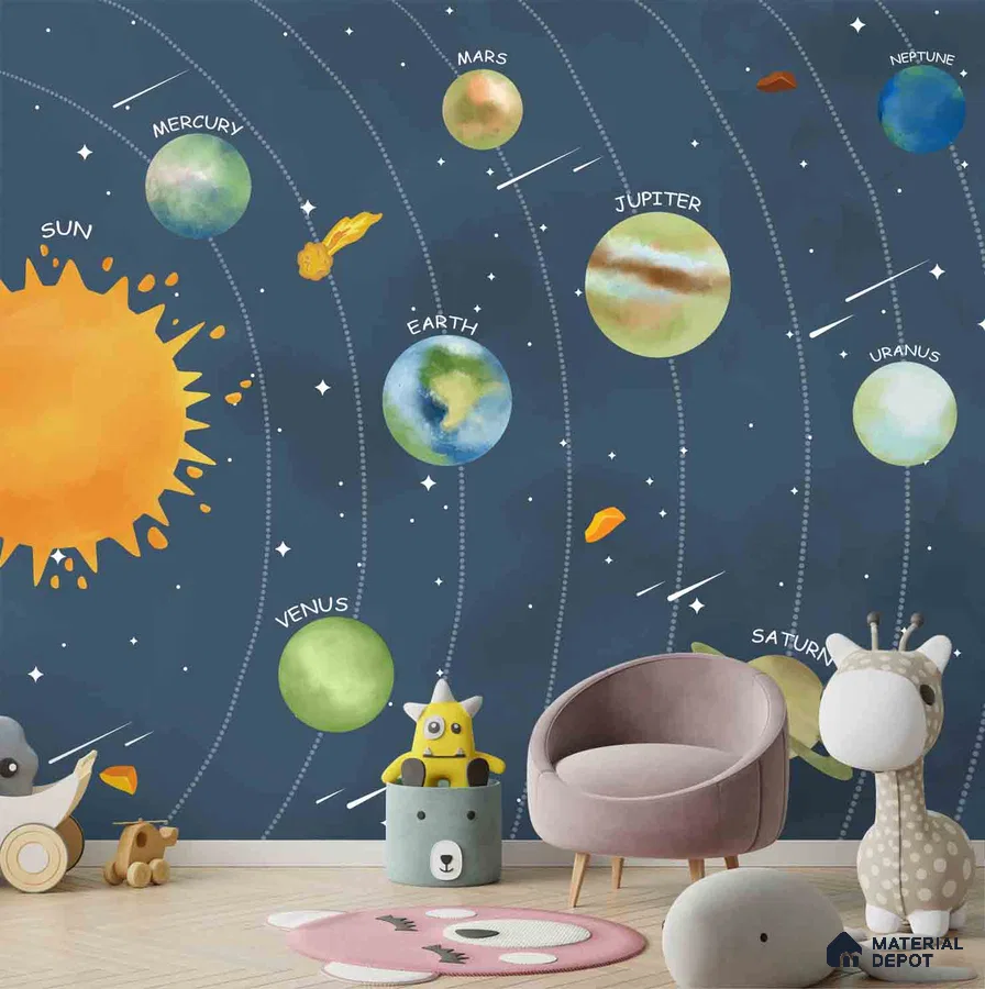 A close-up of a Solar System Space Wallpaper for Children Room Decor Sparkla N Shine Series Space Design (Customised Size Wallpaper) with a finish available at Material Depot in Bangalore