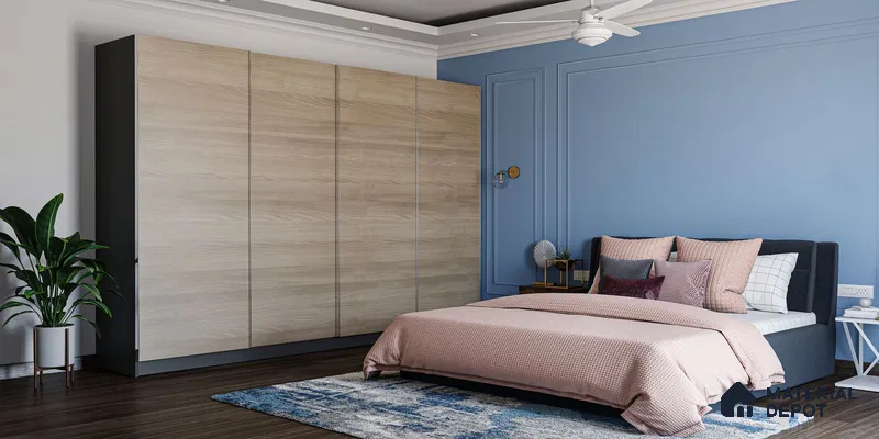 Couple's Wardrobe: Wooden Elegance in Serene Blue Room