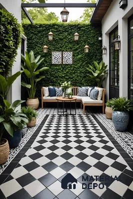 Courtyard Charm With Checkerboard Tiles And A Green Vertical Garden Backdrop | Material Depot