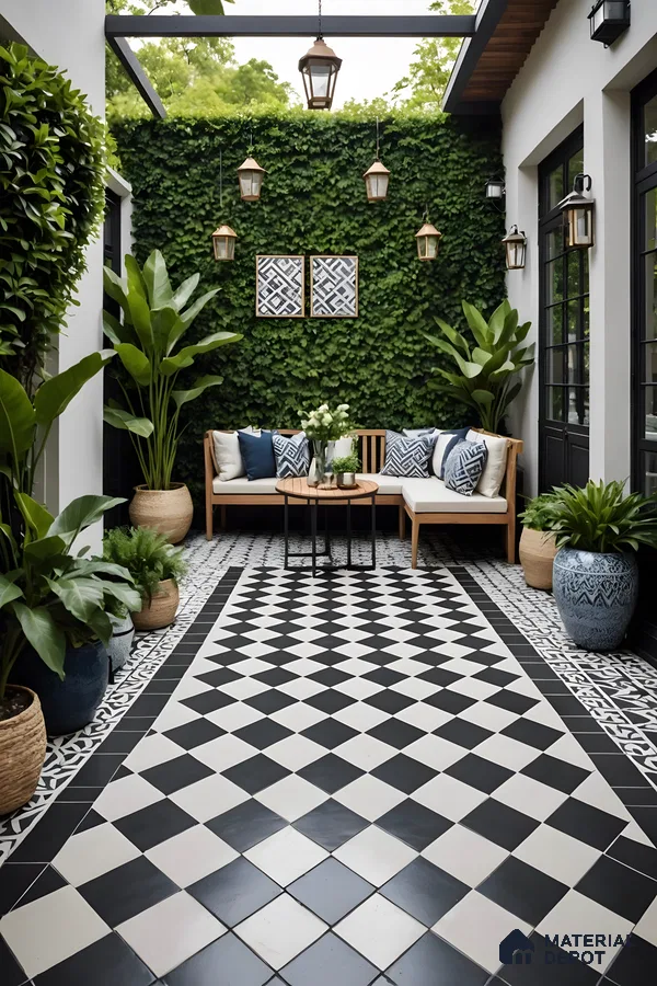 Courtyard Charm With Checkerboard Tiles And A Green Vertical Garden Backdrop | Material Depot