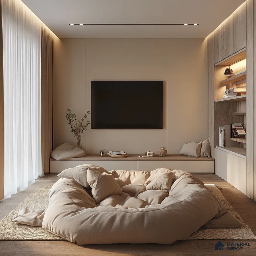 Cozy and Modern Living Room Design with Oversized Pouf and Built-in Shelving Assetz Earth & Essence Hosahalli | Material Depot