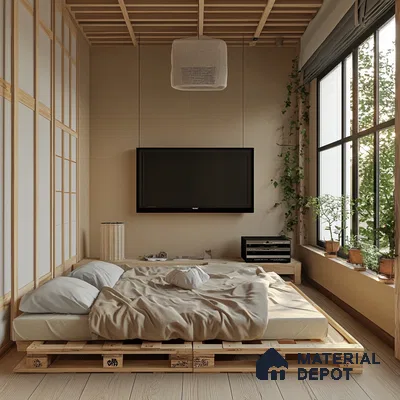 Cozy and Multifunctional Bedroom Design with Pallet Bed and Wall-Mounted TV Pashmina Lagoon Residences KR Puram | Material Depot