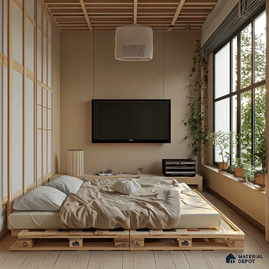 Cozy and Multifunctional Bedroom Design with Pallet Bed and Wall-Mounted TV Pashmina Lagoon Residences KR Puram | Material Depot