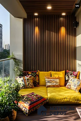 Cozy Balcony Nook with Fluted Wall Panels and Vibrant Accents | Material Depot