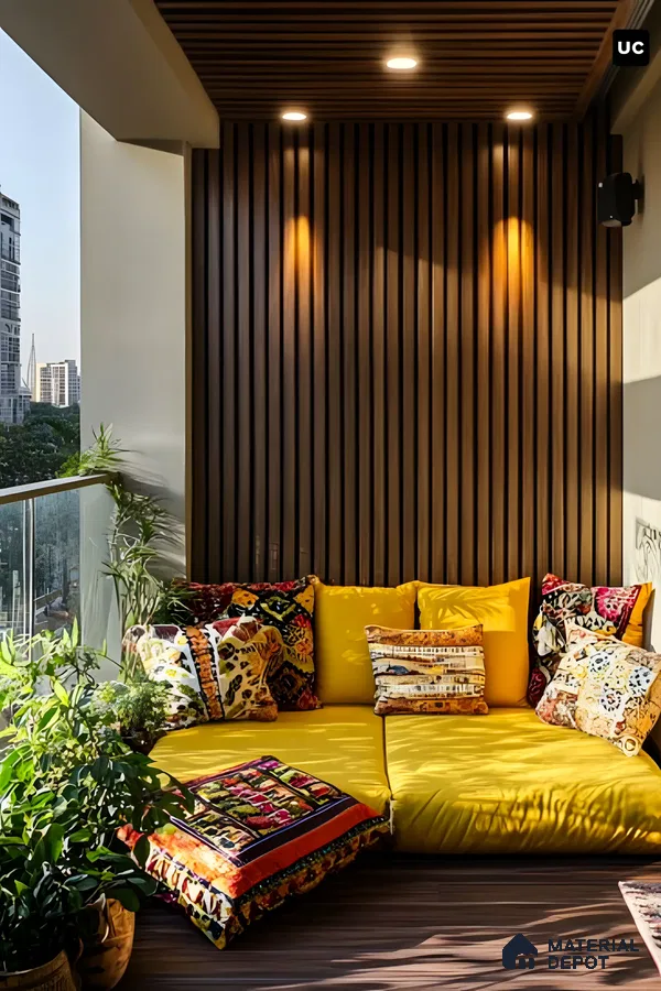 Cozy Balcony Nook with Fluted Wall Panels and Vibrant Accents | Material Depot