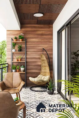 Cozy Balcony with Geometric Tiles and Wooden Accents | Material Depot
