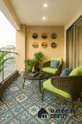 Cozy Balcony with Moroccan Tiles and Comfortable Outdoor Seating | Material Depot