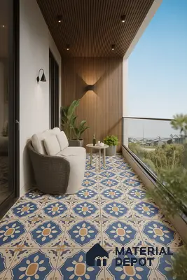 Cozy Balcony with Patterned Tiles and Modern Wooden Ceiling | Material Depot