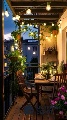 Cozy Balcony with String Lights and Greenery | Material Depot