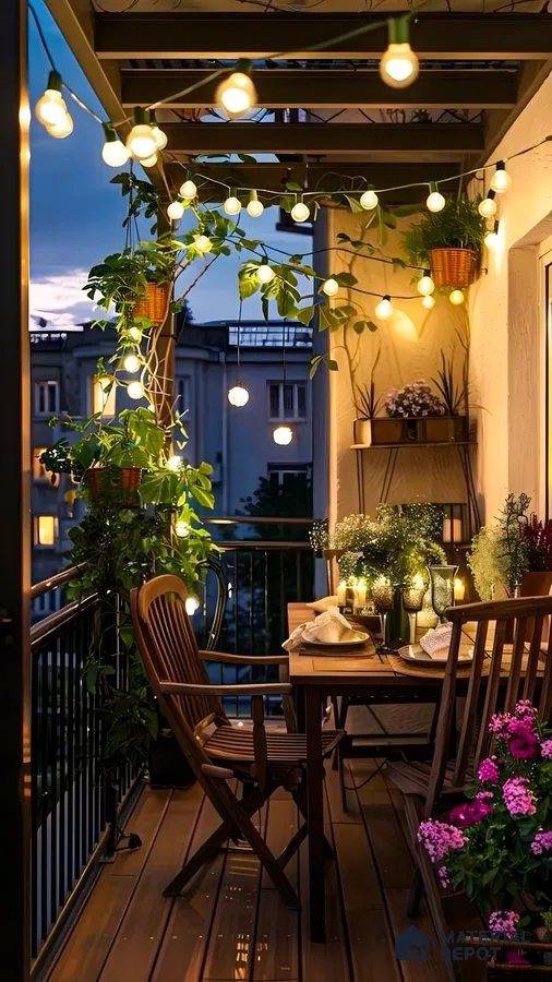 Cozy Balcony with String Lights and Greenery | Material Depot