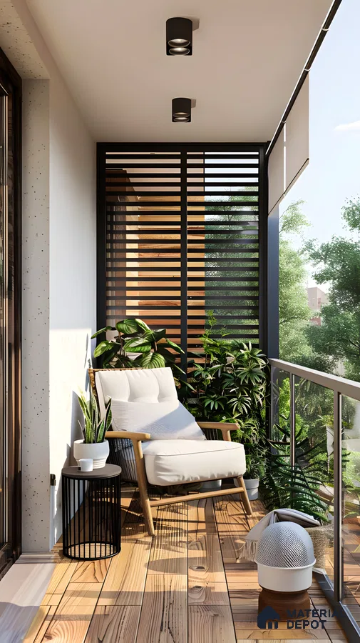Cozy Balcony with Wooden Decking and Greenery | Material Depot
