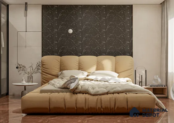 Cozy Bedroom with Botanical Black Louvers and Padded Beige Bed | Material Depot