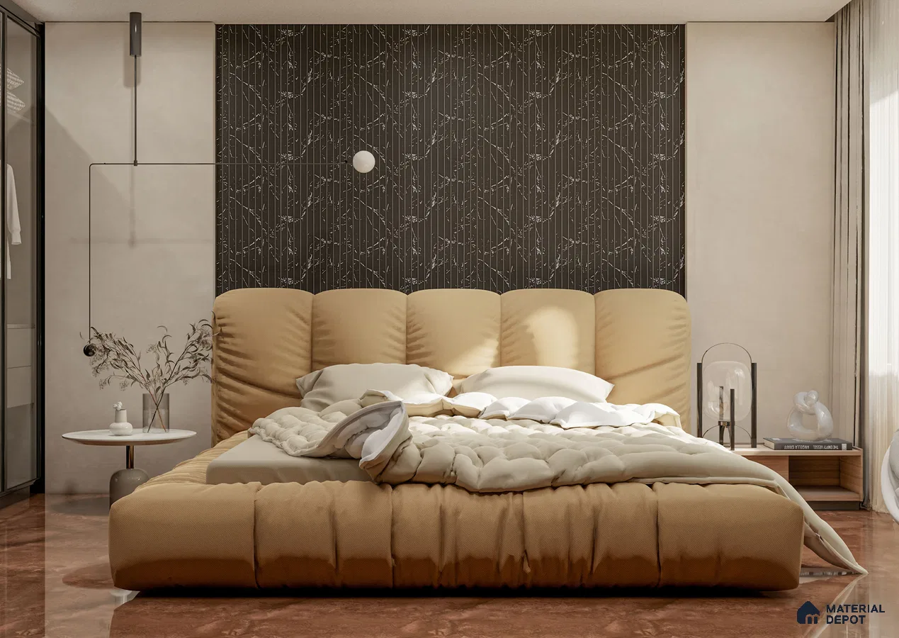 Cozy Bedroom with Botanical Black Louvers and Padded Beige Bed | Material Depot