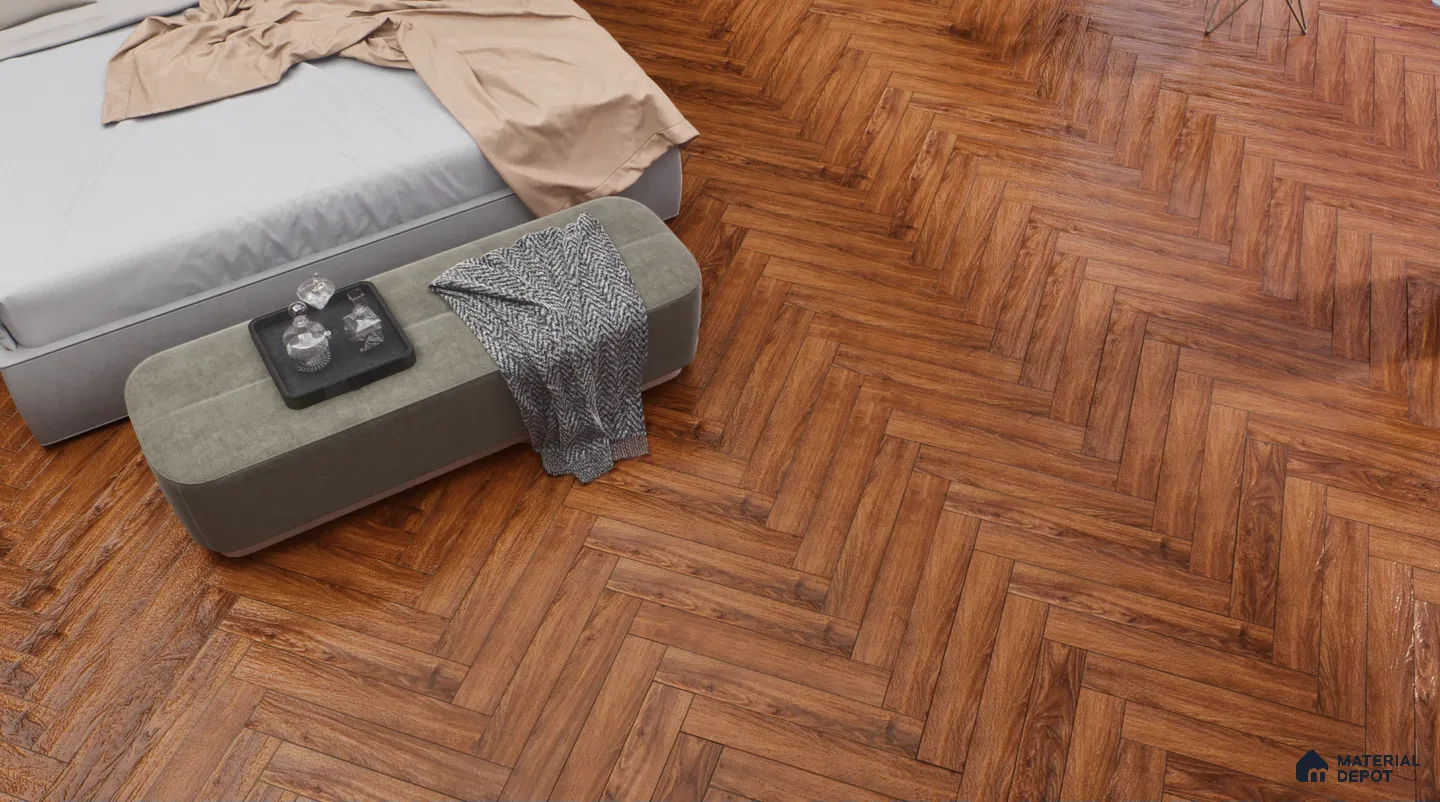 Cozy Bedroom with Herringbone Wood Flooring | Material Depot