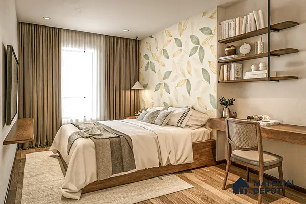 Cozy Bedroom with Leaf Pattern Accent Wall and Wooden Study Desk | Material Depot