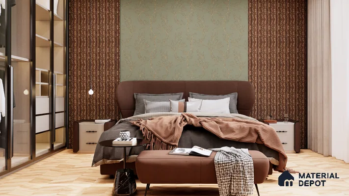 Cozy Bedroom with Olive-Green and Brown Accent Wall and Earth-Tone Bedding | Material Depot