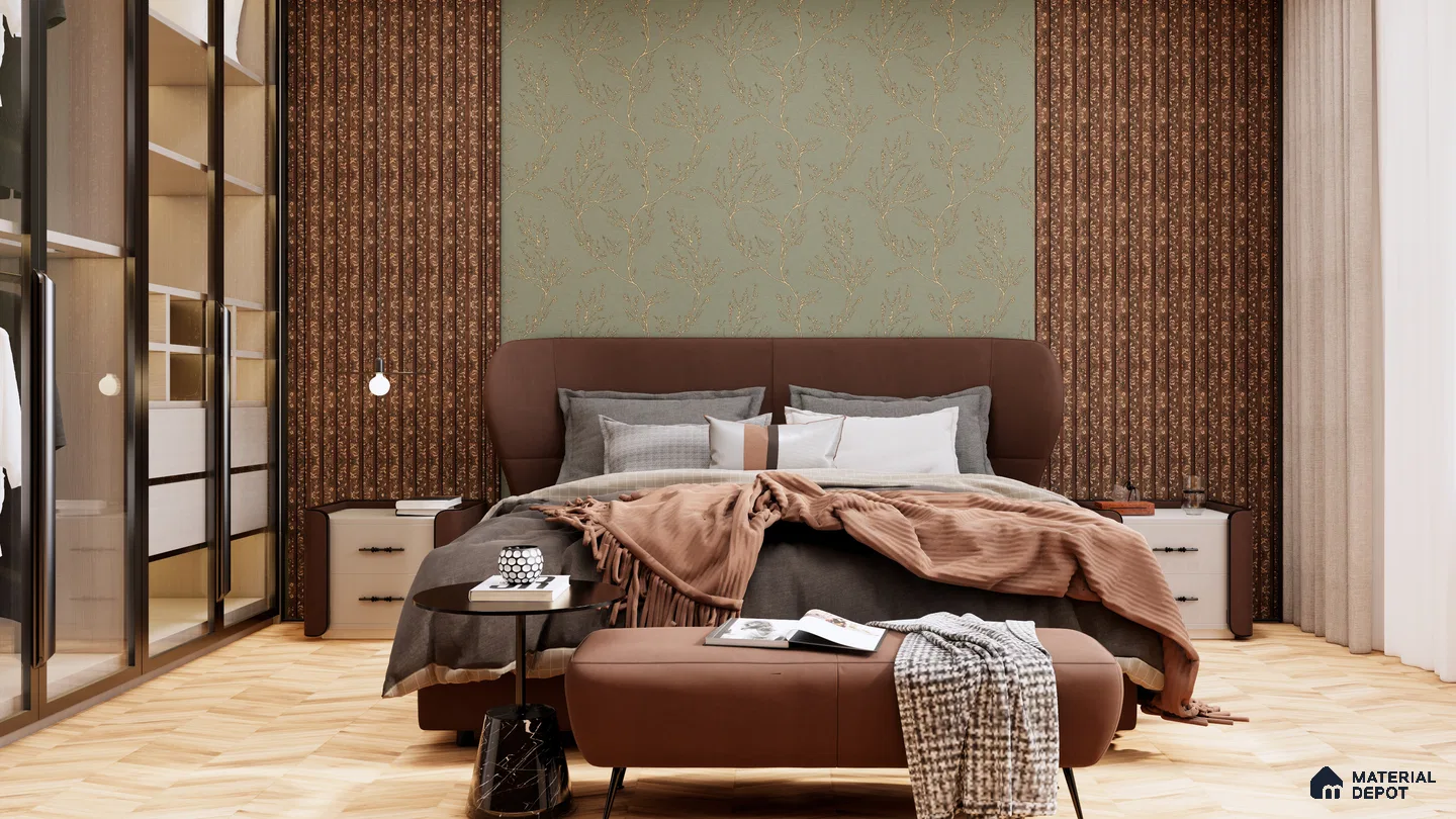 Cozy Bedroom with Olive-Green and Brown Accent Wall and Earth-Tone Bedding | Material Depot