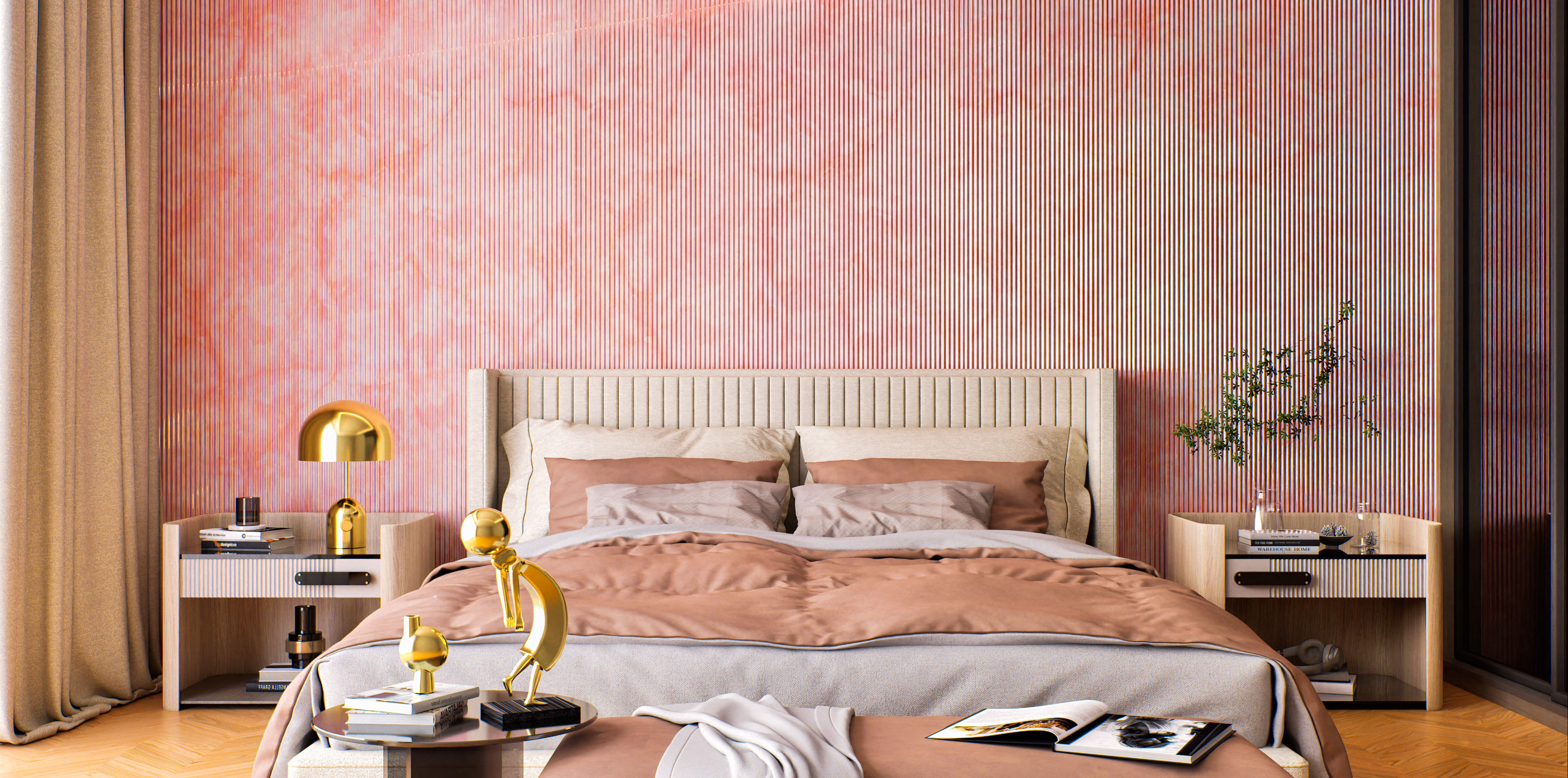 Cozy Bedroom with Pink Fluted Marble Wall Panels and Neutral Tones | Material Depot